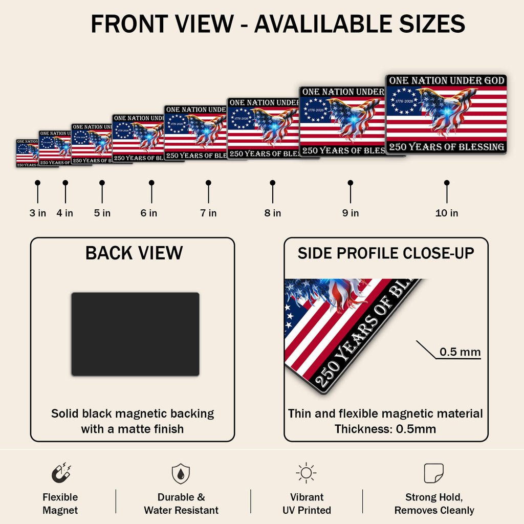 1776-2026 One Nation Under God Magnet, 250 Years Of Blessing American Flag Eagle Cross Die Cut, Christian Patriotic Truck Magnet