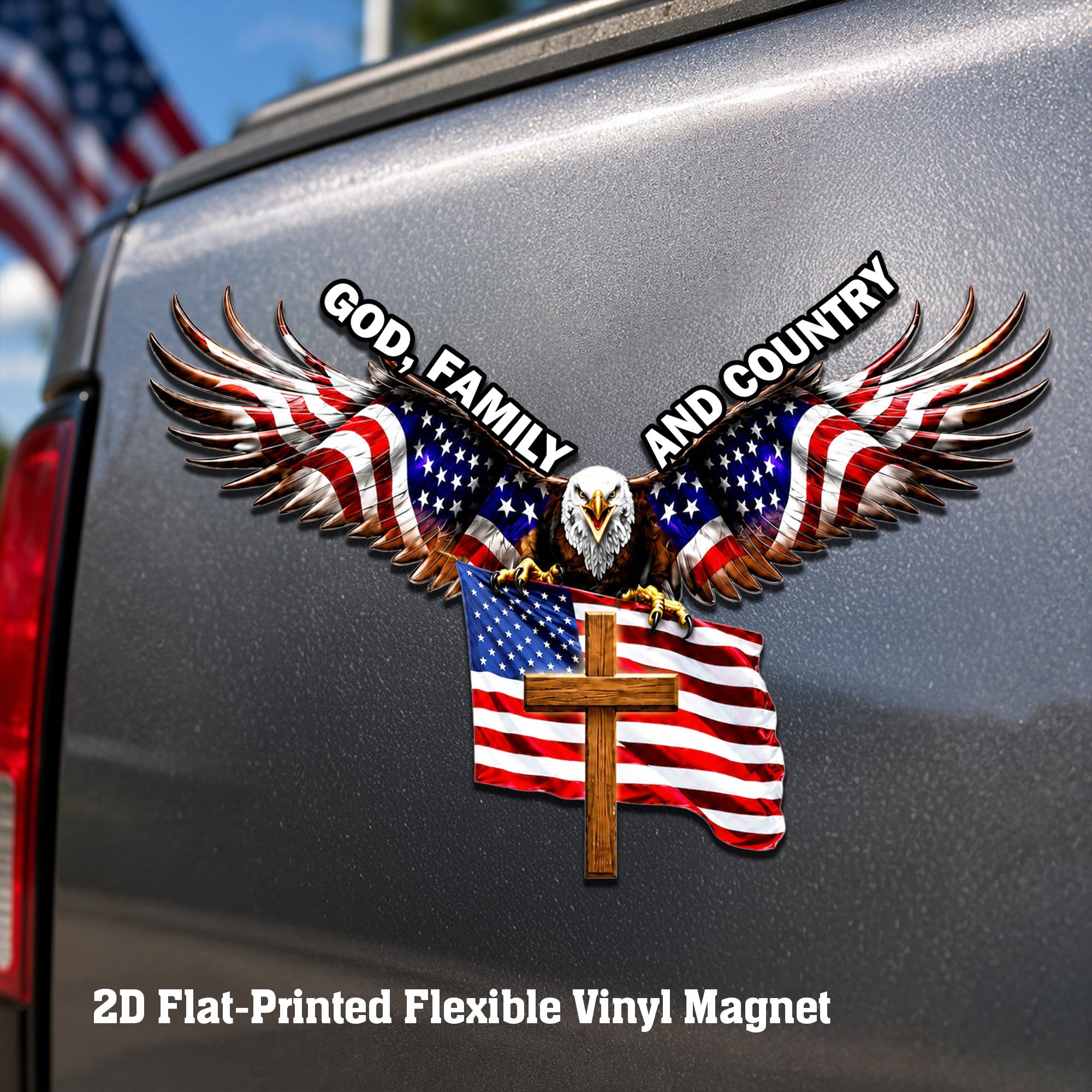 God Family And Country Eagle Cross Die Cut Magnet, Patriotic Gift for Veterans, Father's Day, 4th of July, Veterans Day Truck Magnet