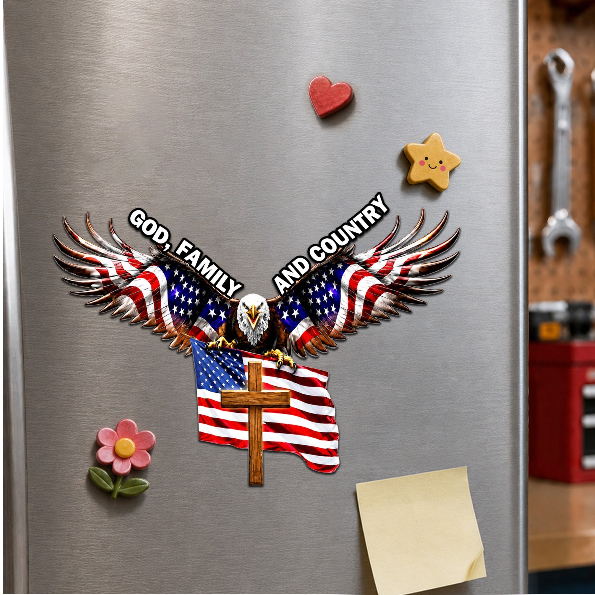 God Family And Country Eagle Cross Die Cut Magnet, Patriotic Gift for Veterans, Father's Day, 4th of July, Veterans Day Truck Magnet