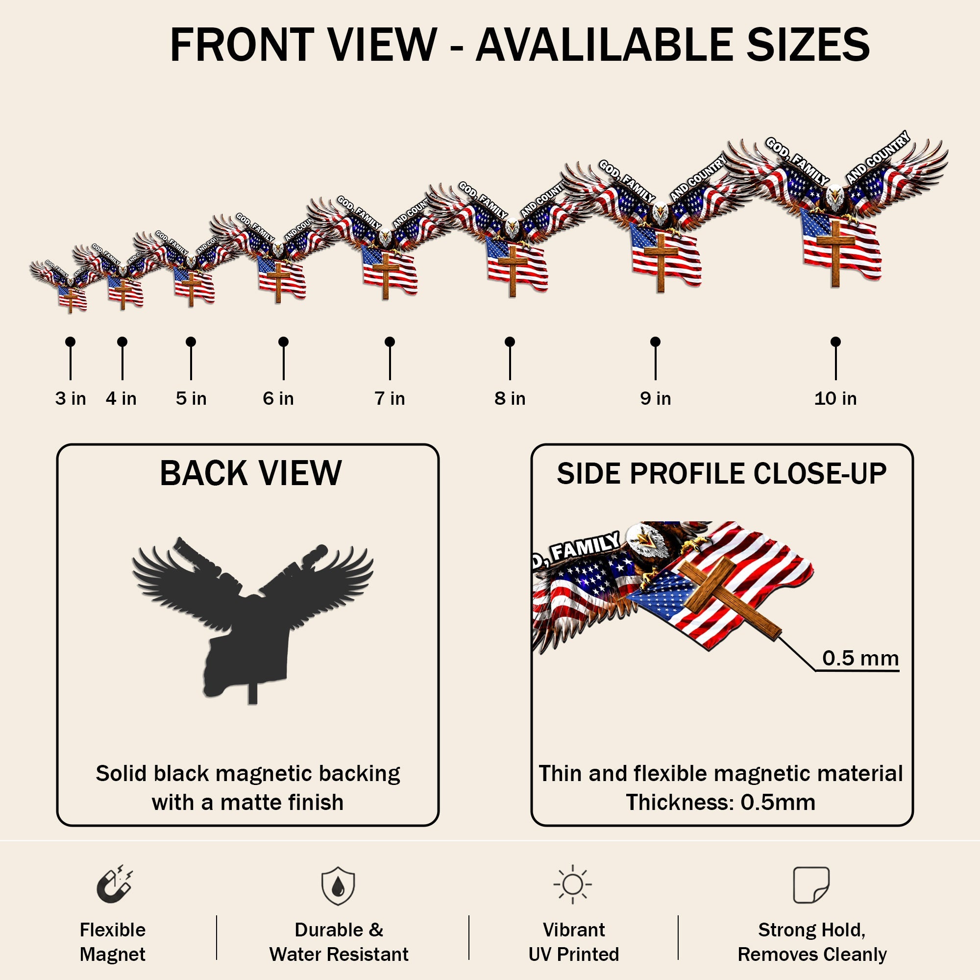 God Family And Country Eagle Cross Die Cut Magnet, Patriotic Gift for Veterans, Father's Day, 4th of July, Veterans Day Truck Magnet