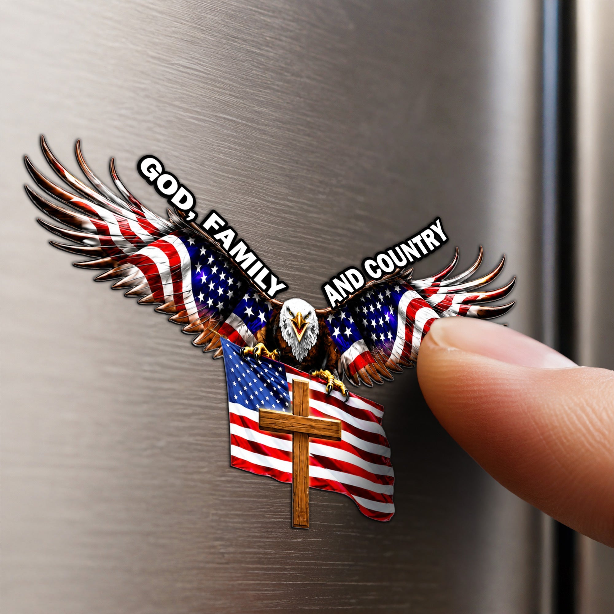 God Family And Country Eagle Cross Die Cut Magnet, Patriotic Gift for Veterans, Father's Day, 4th of July, Veterans Day Truck Magnet
