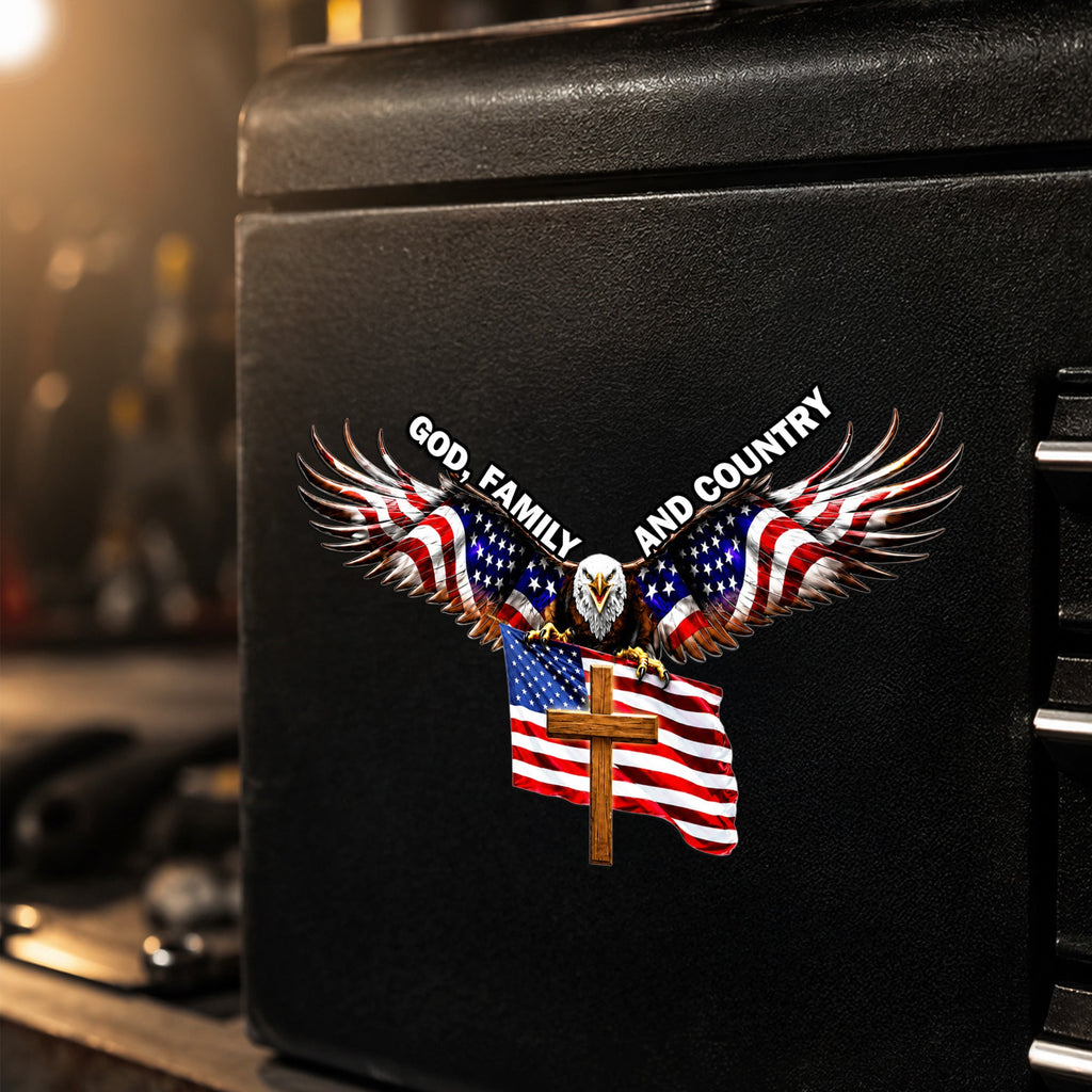 God Family And Country Eagle Cross Die Cut Magnet, Patriotic Gift for Veterans, Father's Day, 4th of July, Veterans Day Truck Magnet