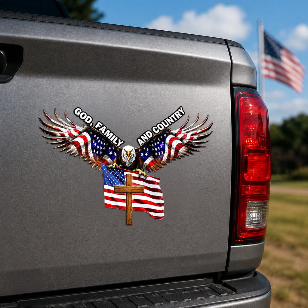 God Family And Country Eagle Cross Die Cut Magnet, Patriotic Gift for Veterans, Father's Day, 4th of July, Veterans Day Truck Magnet