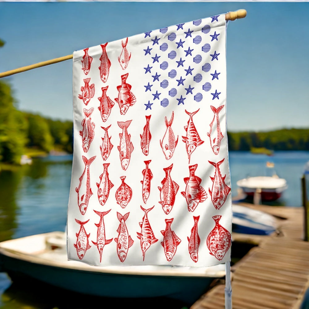 Fish & Sea Shells American Flag – Nautical Independence Day Decor, summer flag 3-Day Shipping
