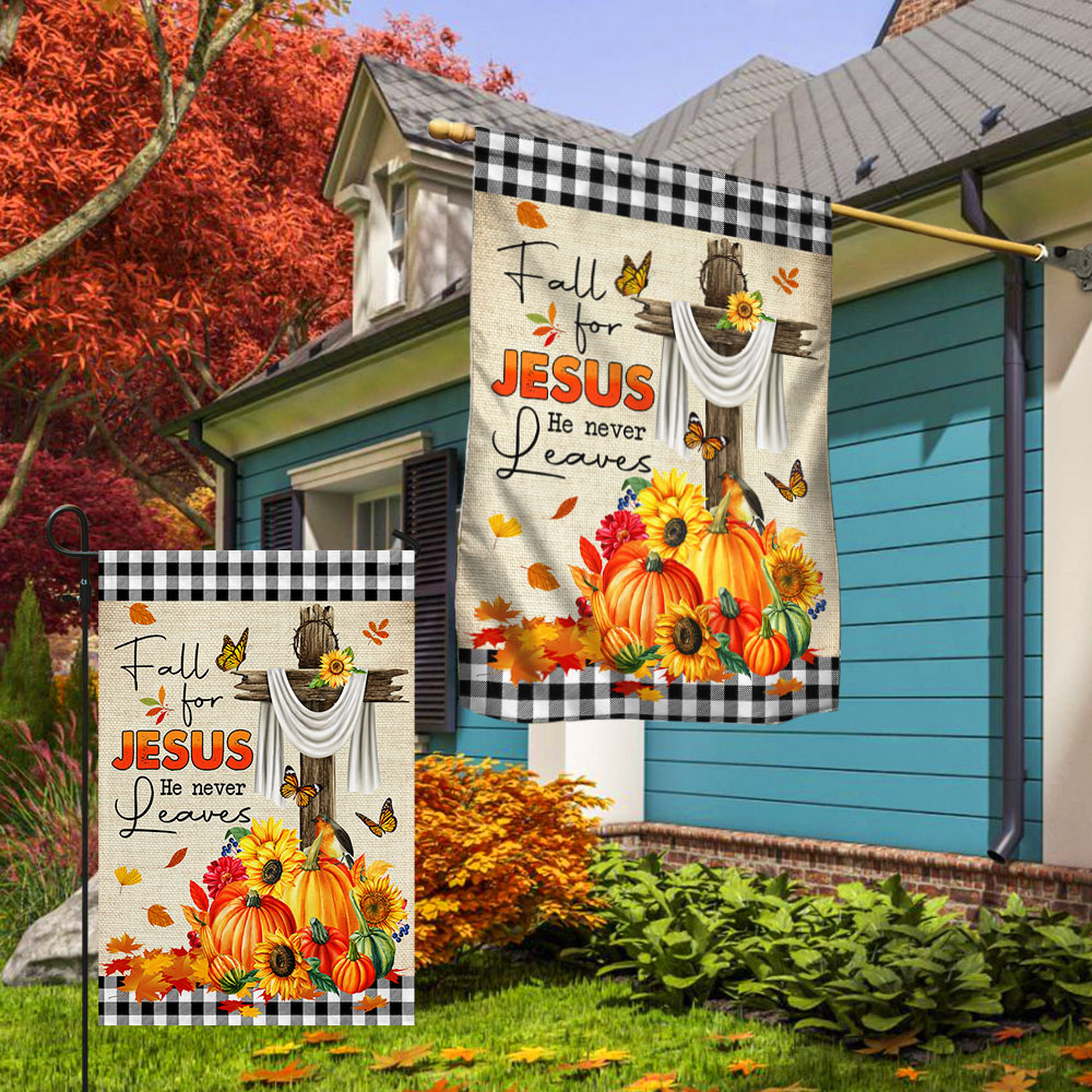 Fall Flag "Fall For Jesus He Never Leaves" Seasonal Decorative Flag 3-Day Shipping