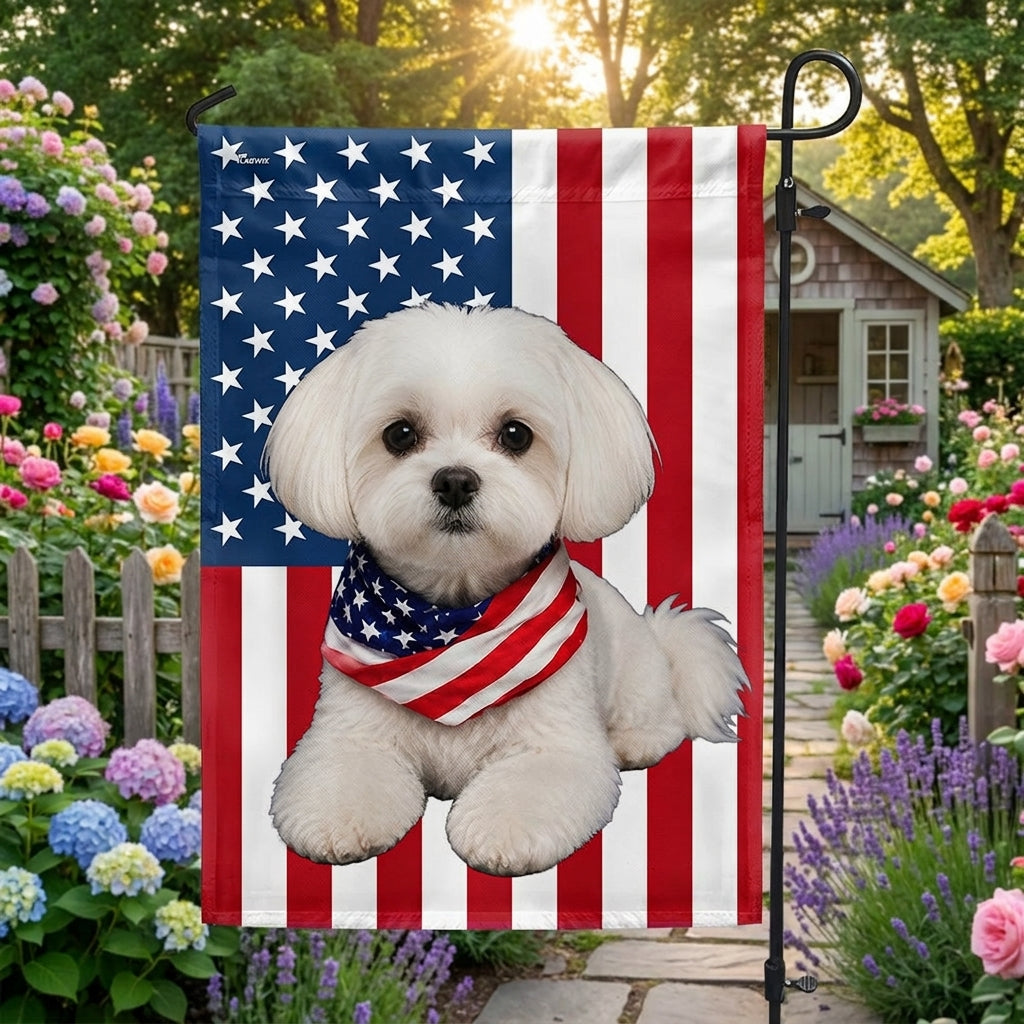 White Maltese Dog American Garden Flag Wrapped in Glory, Patriotic Dog Decor