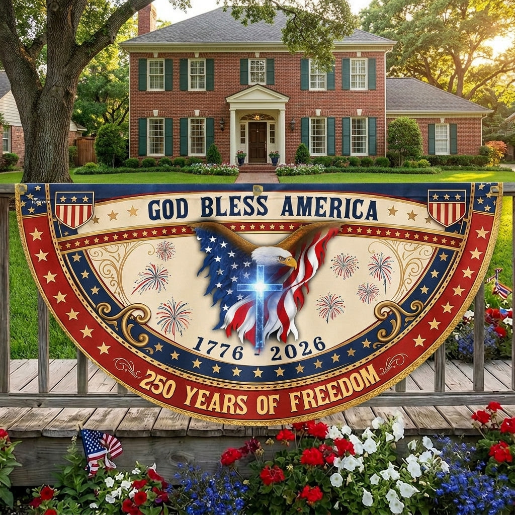 God Bless America Patriotic Fan Flag, 250 Years with Eagle Cross American Flag Decor