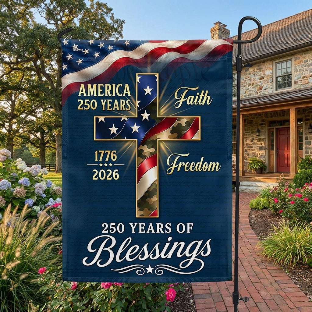 250 Years of Blessings 1776 2026 Faith Freedom Christian Cross US Flag