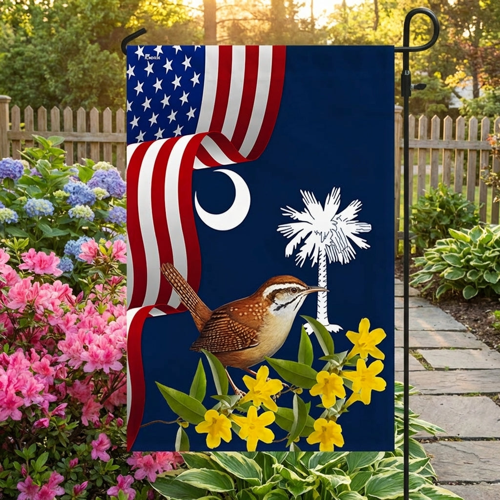 South Carolina Yellow Jessamine Flower and Carolina Wren Bird Flag