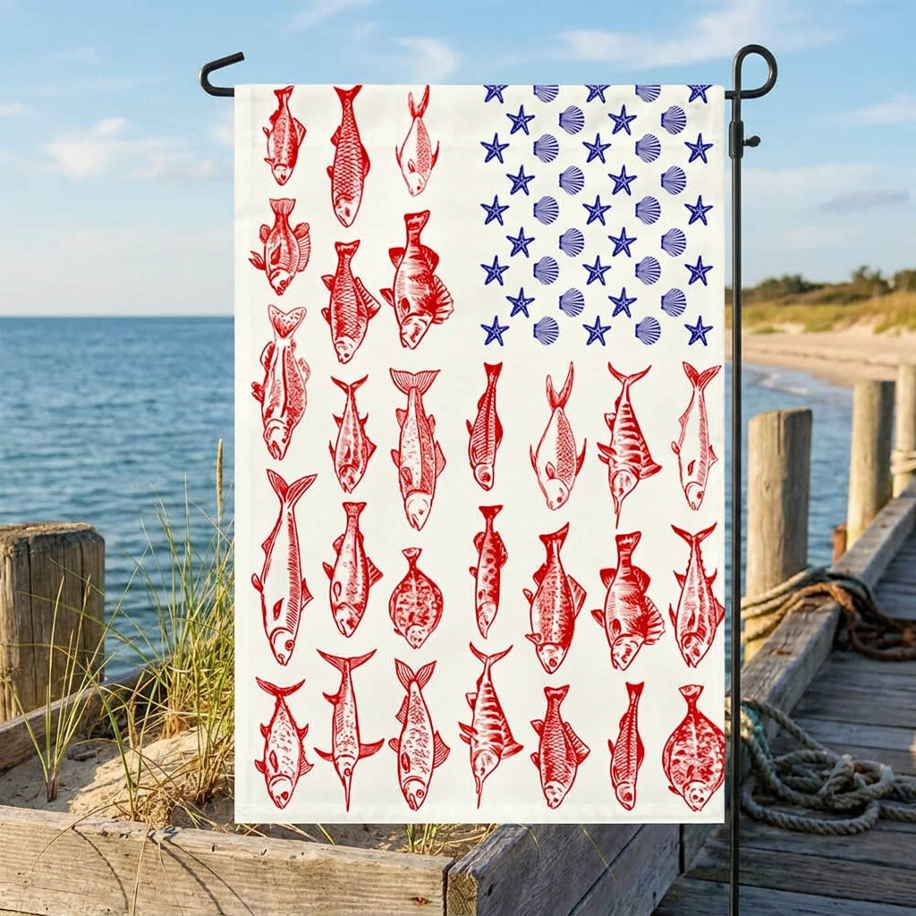 Fish & Sea Shells American Flag – Nautical Independence Day Decor, summer flag 3-Day Shipping