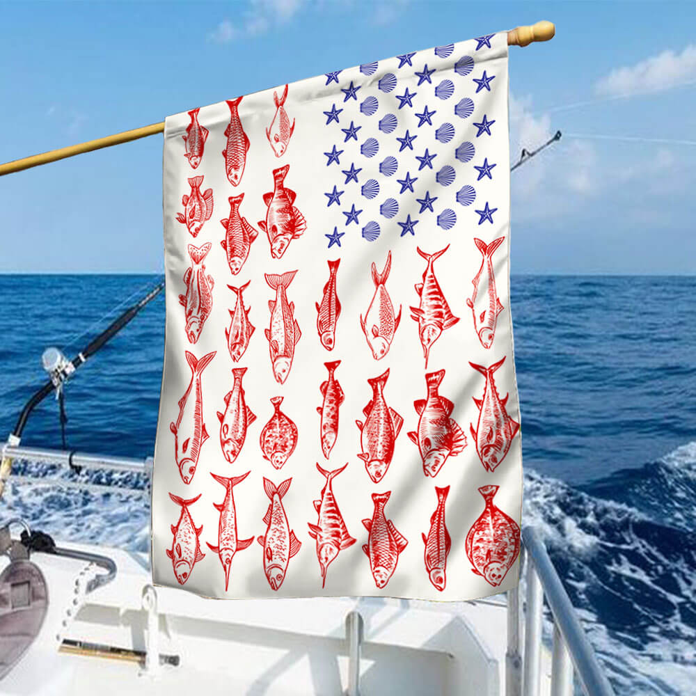 Fish & Sea Shells American Flag – Nautical Independence Day Decor, summer flag 3-Day Shipping