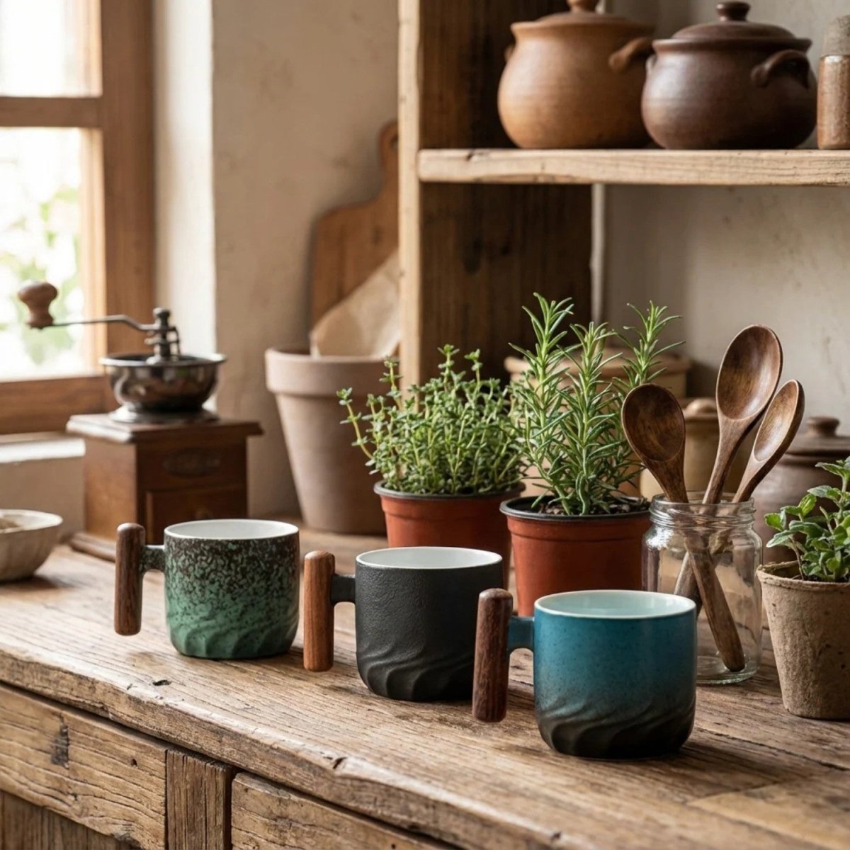 Handcrafted Ceramic Mug with Wooden Grip