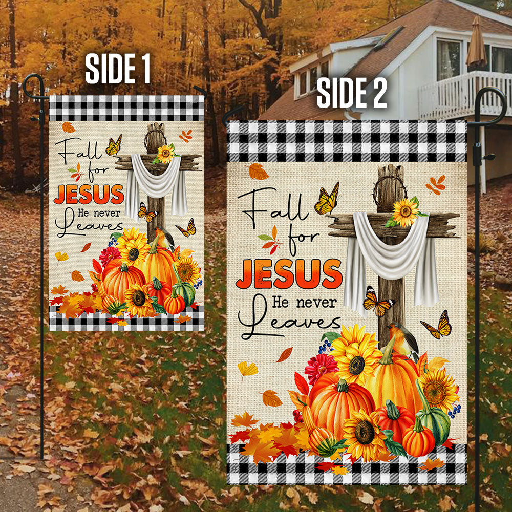 Fall Flag "Fall For Jesus He Never Leaves" Seasonal Decorative Flag 3-Day Shipping
