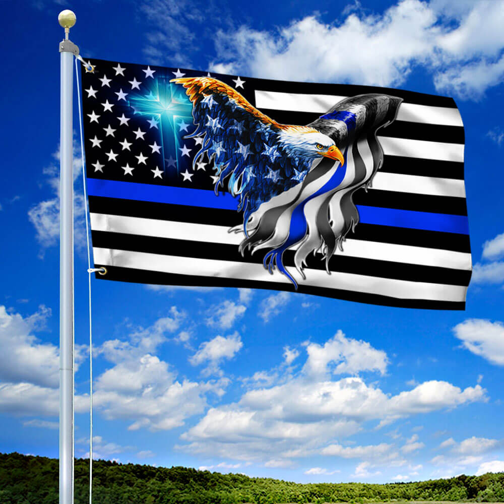 The Thin Blue Line. Police. Law Enforcement American Eagle Flag, Canvas Flag Double Side Printed