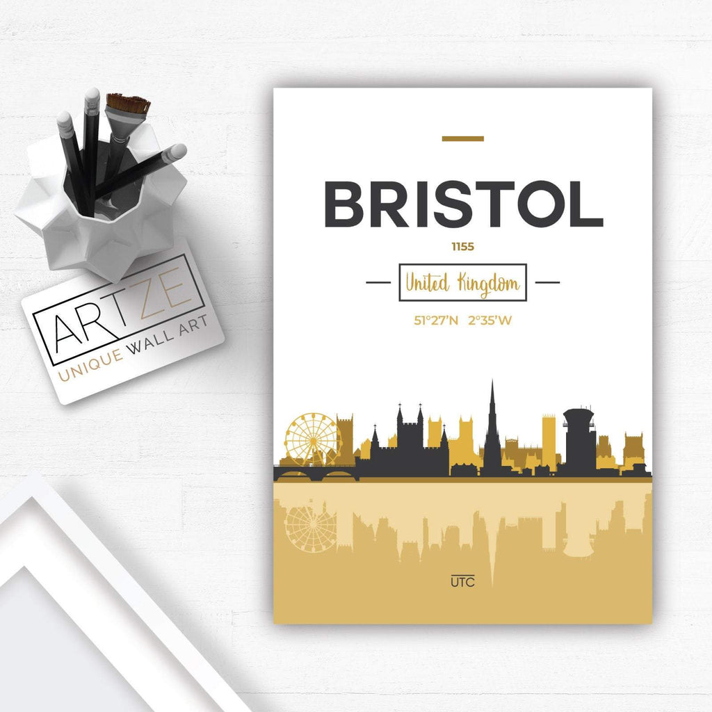 BRISTOL Skyline, Bristol city view England, Yellow and Grey art print wall art PRINT poster artwork home decor | Bowlift