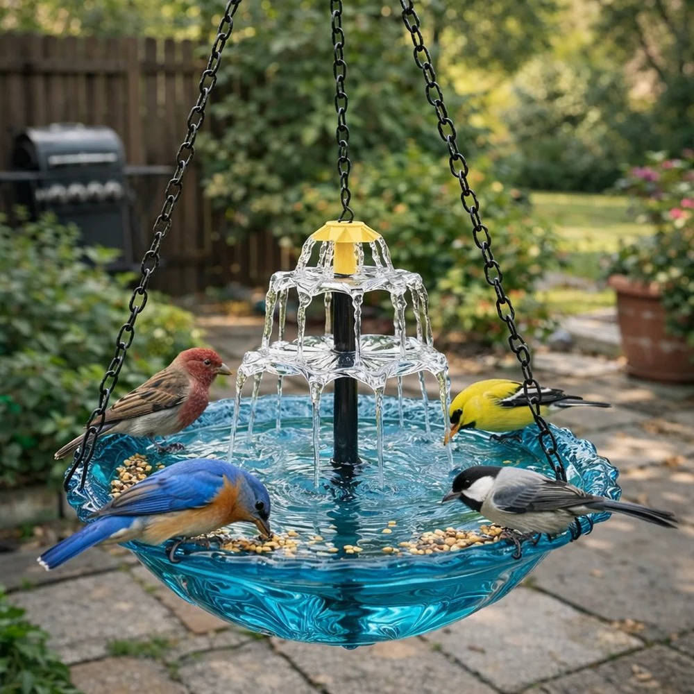Solar Powered Hanging Bird Bath Fountain, Outdoor Garden Water Feature with Automatic Pump