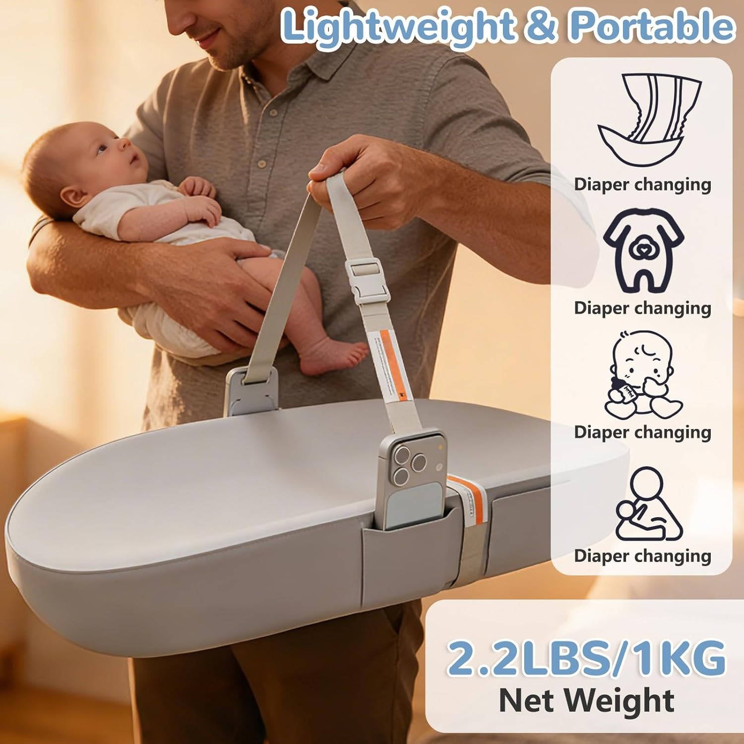 Baby Changing Pad with Phone Holder, Waterproof Wipeable Non Slip Diaper Pad with Safety Belt