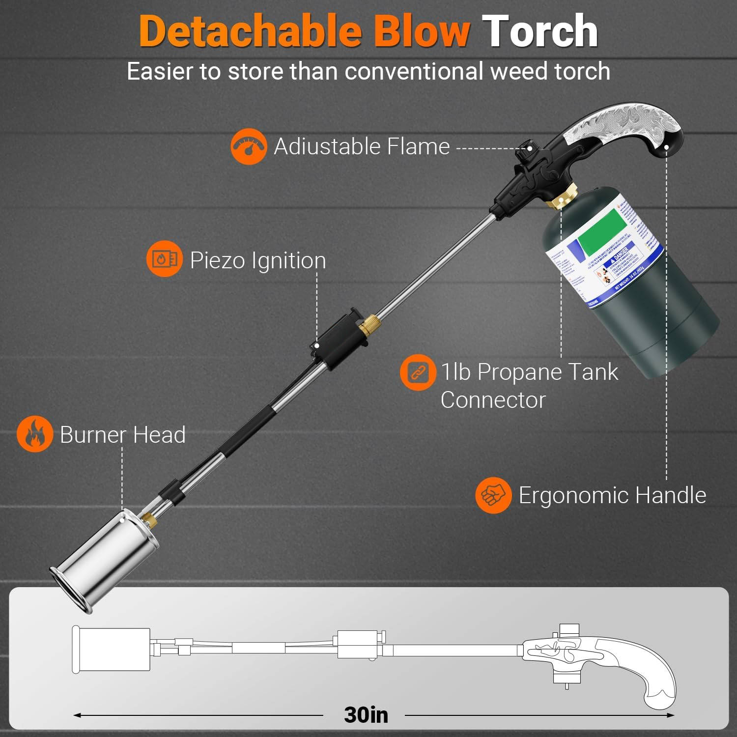 Weed Torch Burner 30 Inch, Heavy Duty Propane Blow Torch with Detachable Long Arm, High Output for Garden Weeds Ice Snow Melting