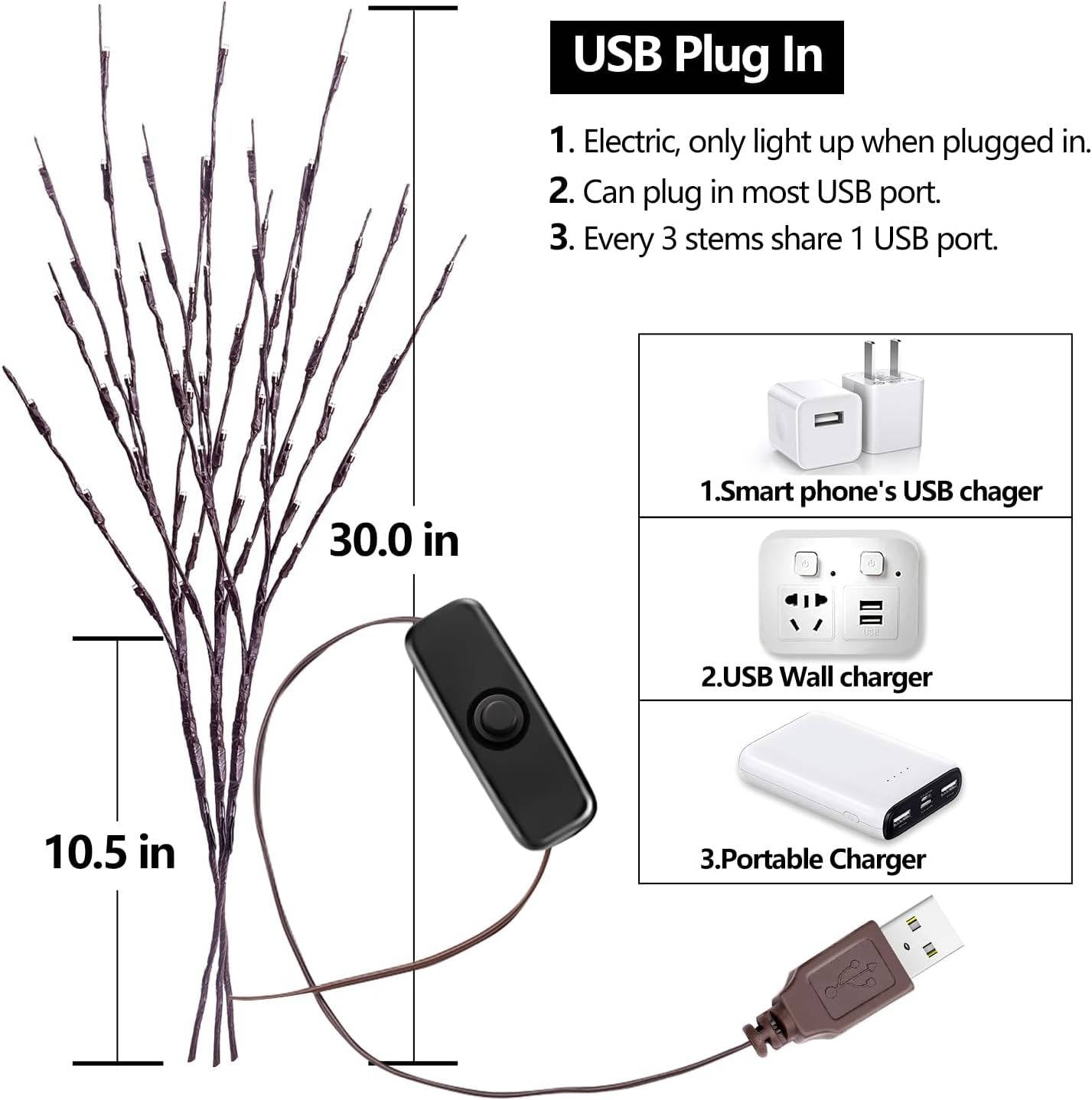 3 Pack USB Powered Prelit Twig Lights, 60 LED Decorative Branch Lights for Vases and Indoor Home Decor (Warm Glow)
