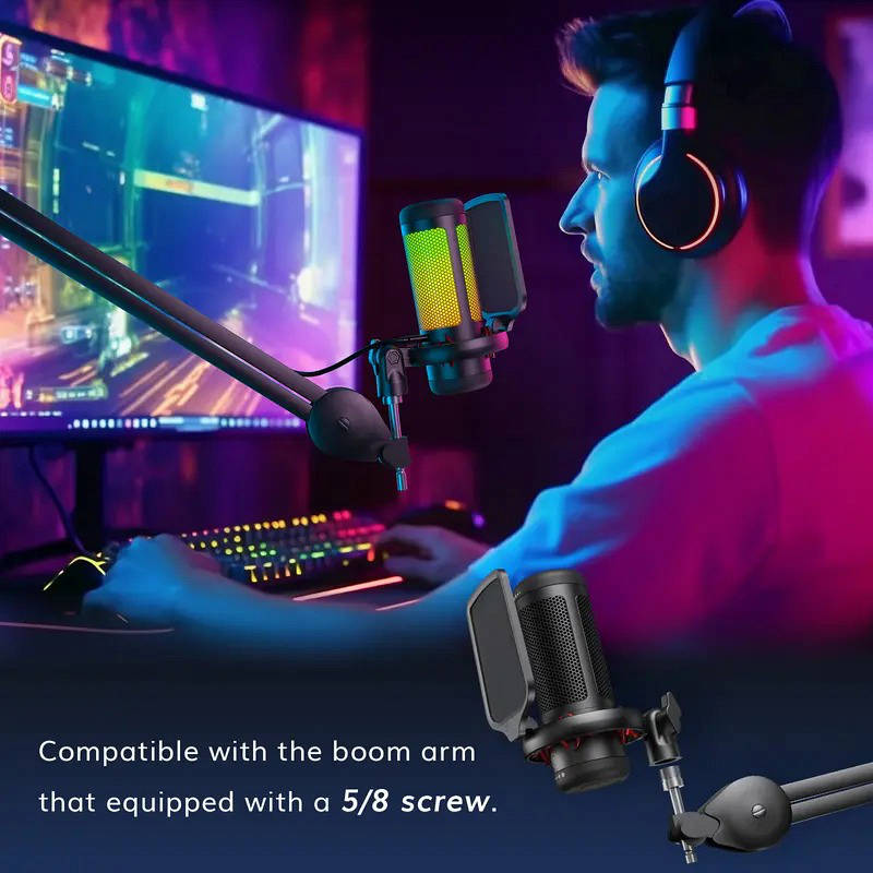 USB Gaming Microphone RGB for PC PS4 PS5, Streaming Podcast Mic with One Tap Mute Sound Control Mount Adapter