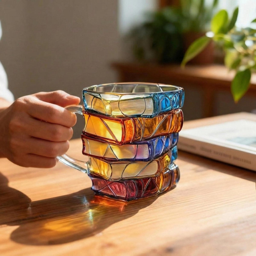 Book Stack Glass Mug with Colorful Translucent Panels and Fused Handle