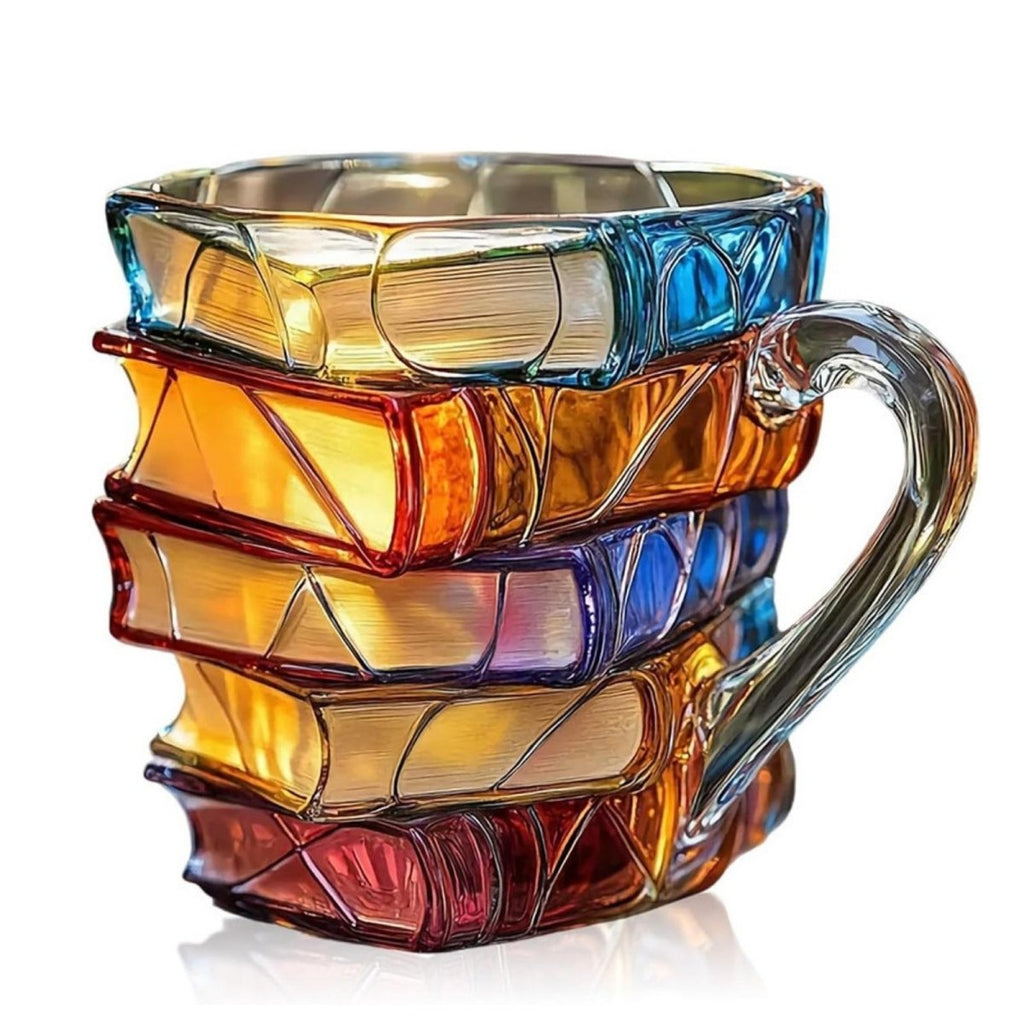 Book Stack Glass Mug with Colorful Translucent Panels and Fused Handle