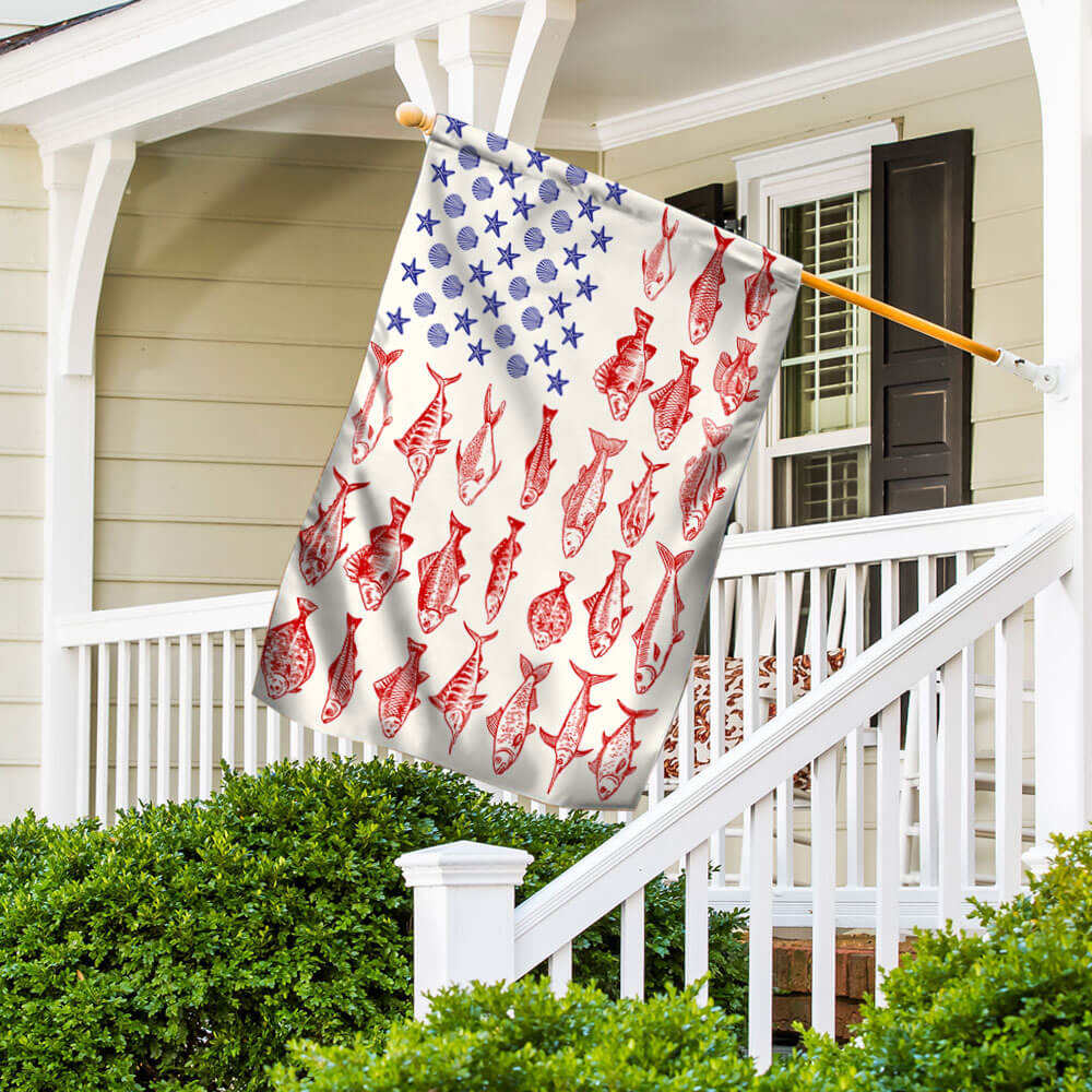 Fish & Sea Shells American Flag – Nautical Independence Day Decor, summer flag 3-Day Shipping