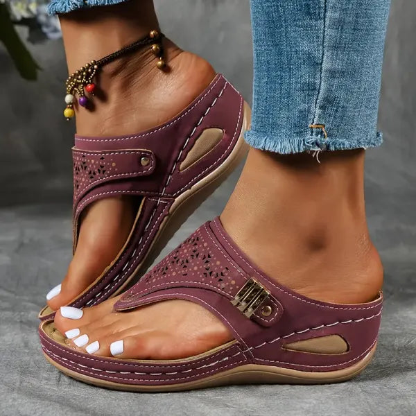 Women's Wedge Platform Sandals with Adjustable Ankle Buckle and Laser Cut Design