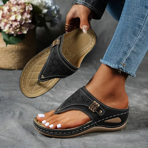 Women's Wedge Platform Sandals with Adjustable Ankle Buckle and Laser Cut Design