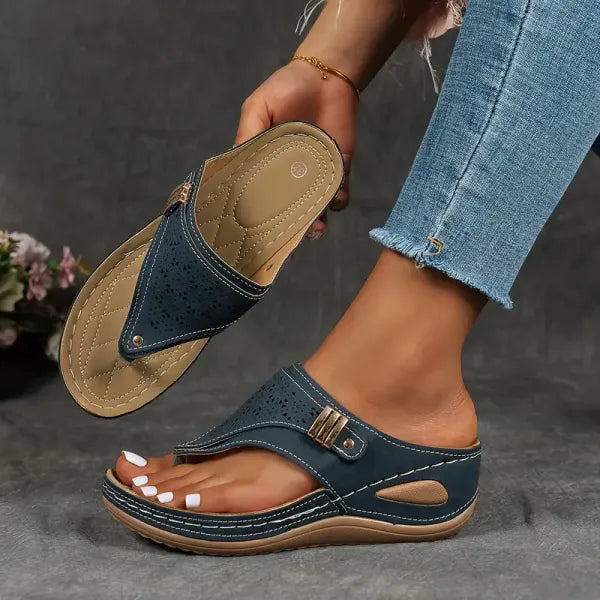 Women's Wedge Platform Sandals with Adjustable Ankle Buckle and Laser Cut Design