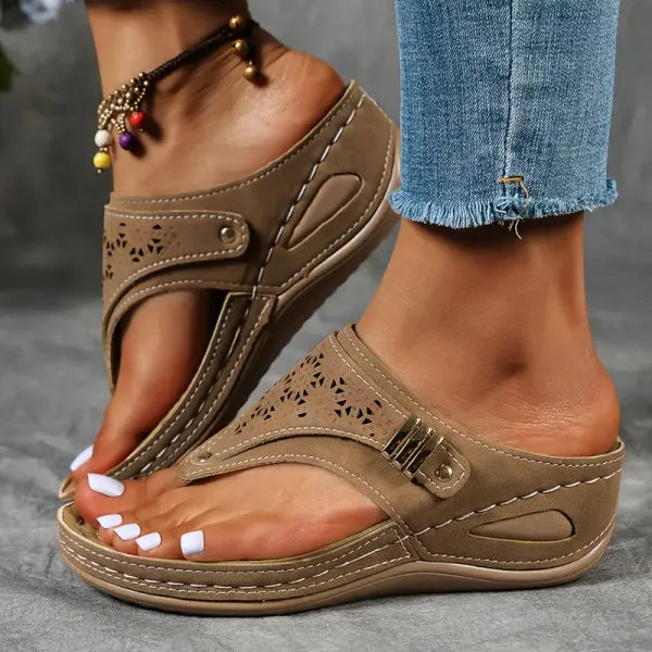 Women's Wedge Platform Sandals with Adjustable Ankle Buckle and Laser Cut Design