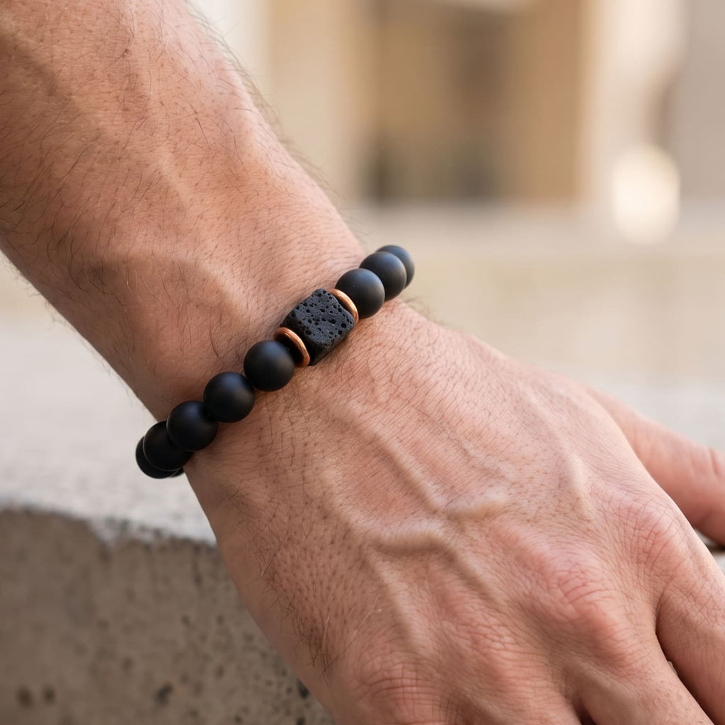 Black Onyx and Lava Stone Cube Balance Bracelet - Aurelia