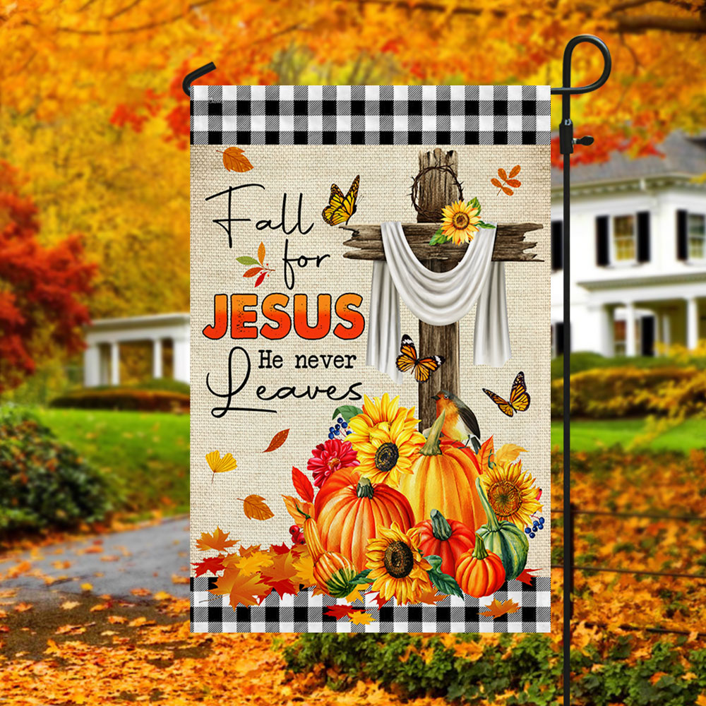 Fall Flag "Fall For Jesus He Never Leaves" Seasonal Decorative Flag 3-Day Shipping