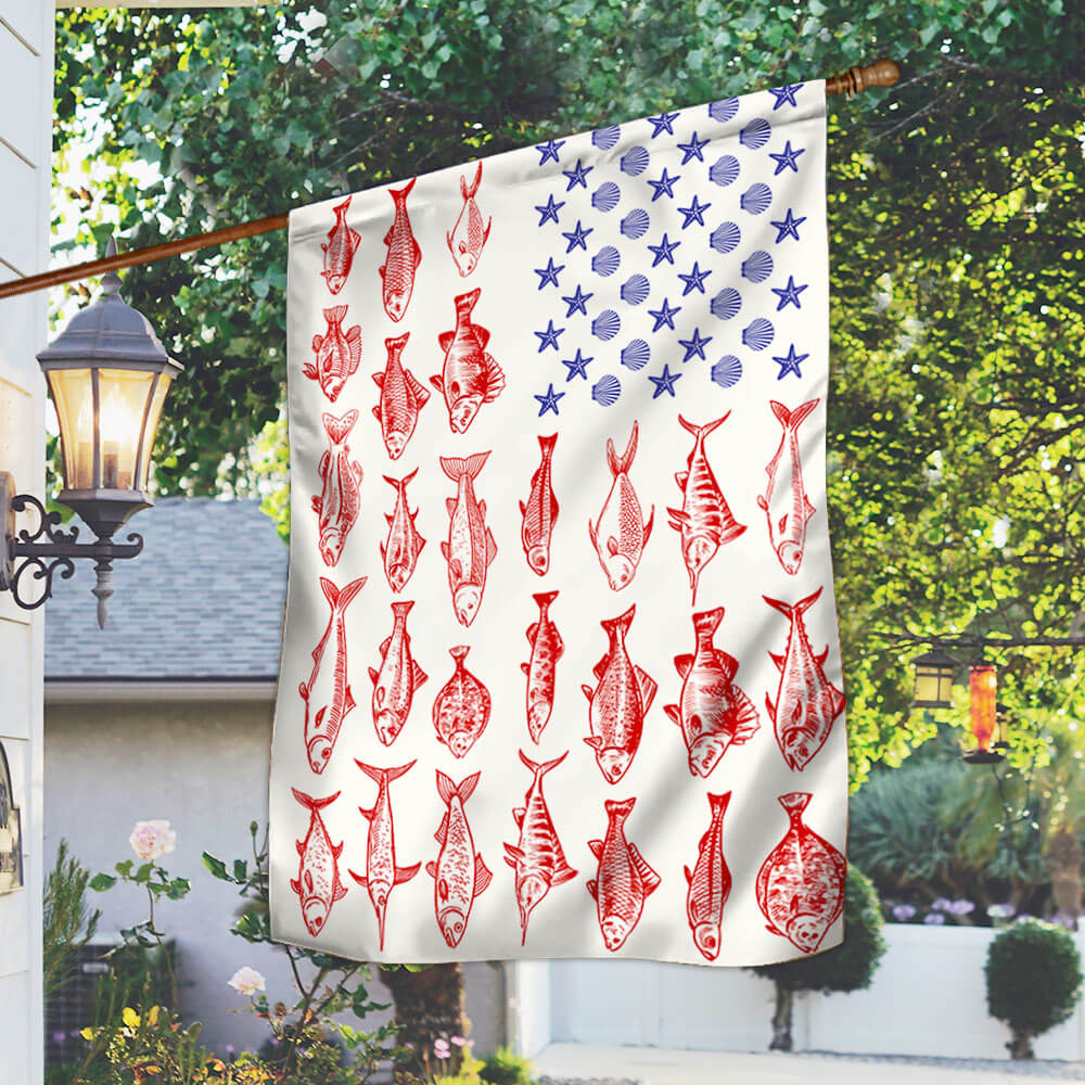Fish & Sea Shells American Flag – Nautical Independence Day Decor, summer flag 3-Day Shipping