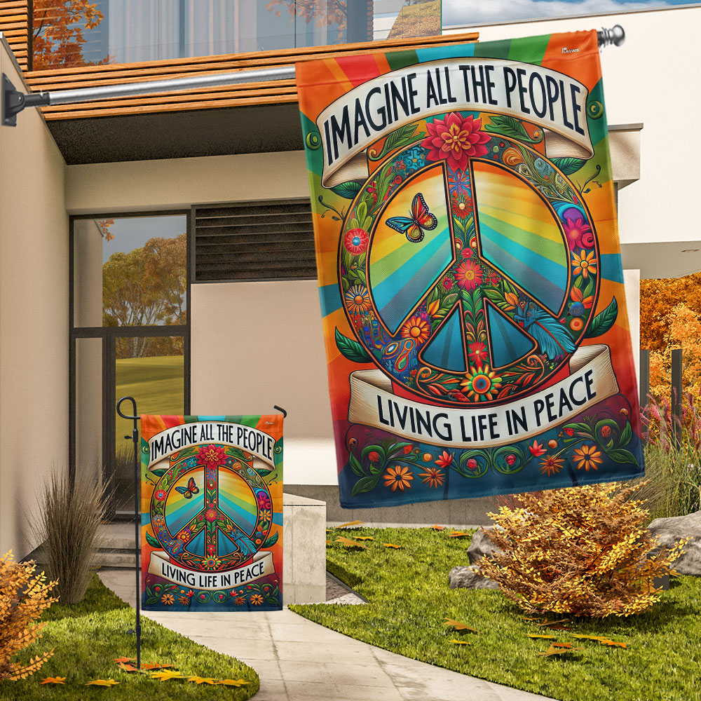 Peace Sign Hippie Flag Imagine All The People Living Life In Peace Flag