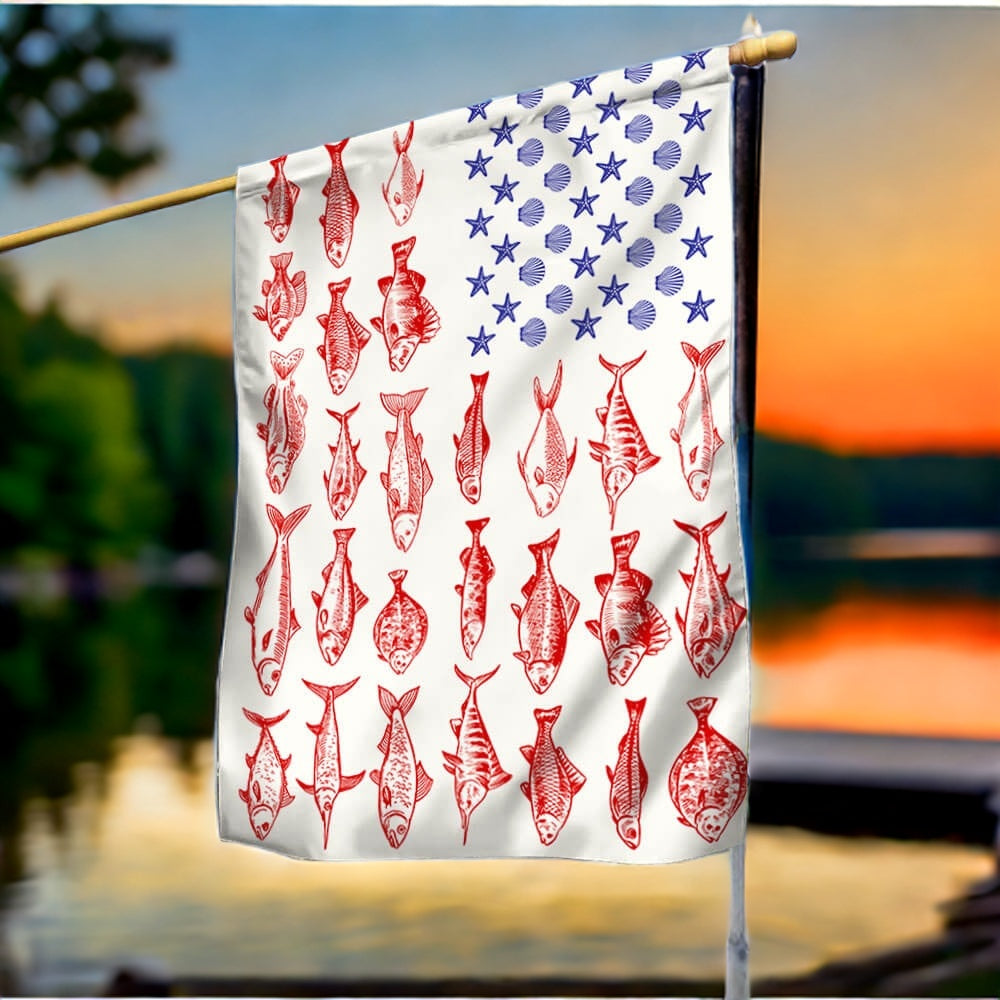 Fish & Sea Shells American Flag – Nautical Independence Day Decor, summer flag 3-Day Shipping