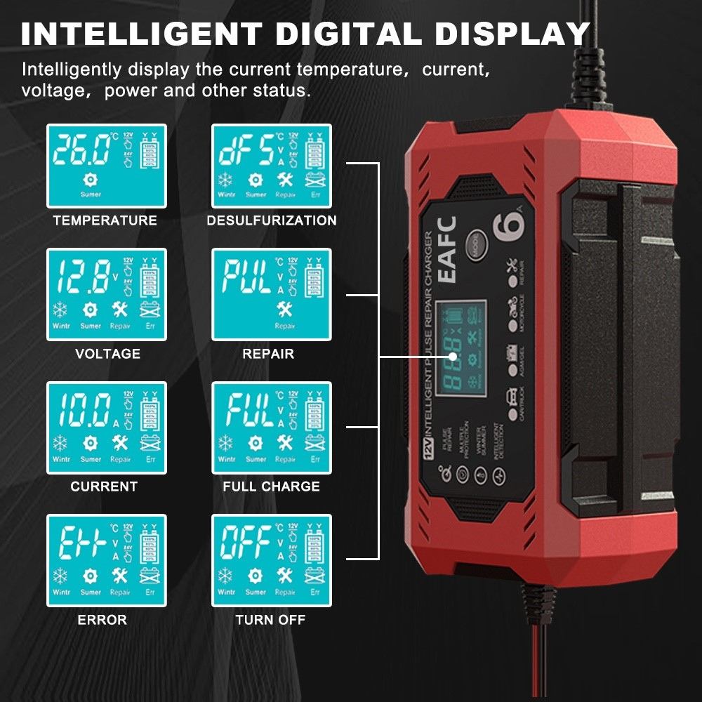 PowerPulse Car Battery Charger – 12V/24V, Pulse Repair, LCD Display