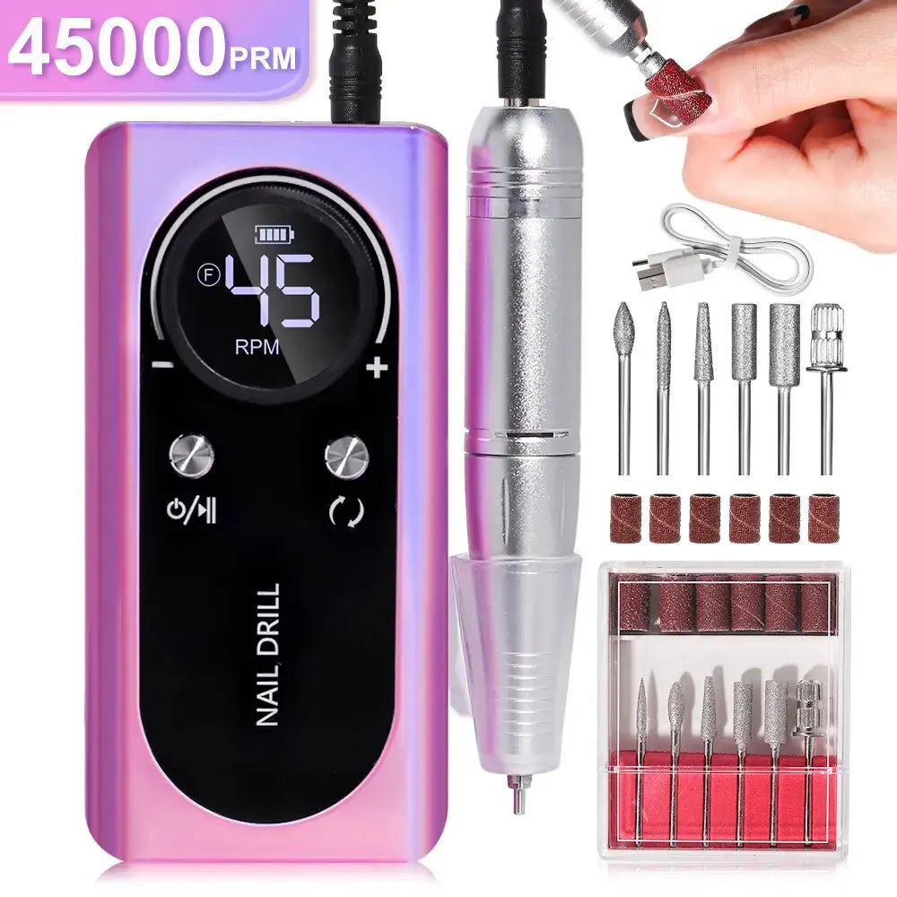 PROFESSIONAL 45000RPM PORTABLE ELECTRIC NAIL FILE WITH RECHARGEABLE BATTERY | LOW NOISE LEVEL FOR MANICURE