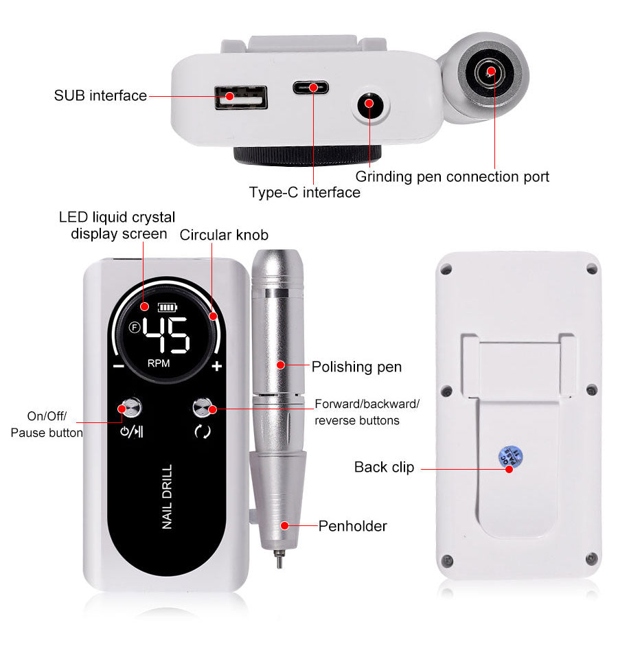 PROFESSIONAL 45000RPM PORTABLE ELECTRIC NAIL FILE WITH RECHARGEABLE BATTERY | LOW NOISE LEVEL FOR MANICURE