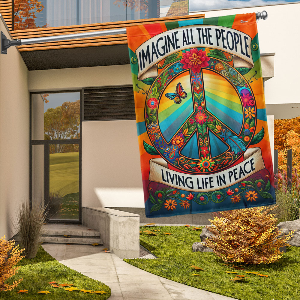 Peace Sign Hippie Flag Imagine All The People Living Life In Peace Flag