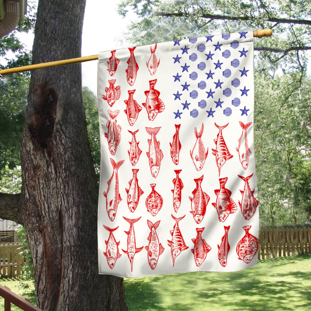Fish & Sea Shells American Flag – Nautical Independence Day Decor, summer flag 3-Day Shipping
