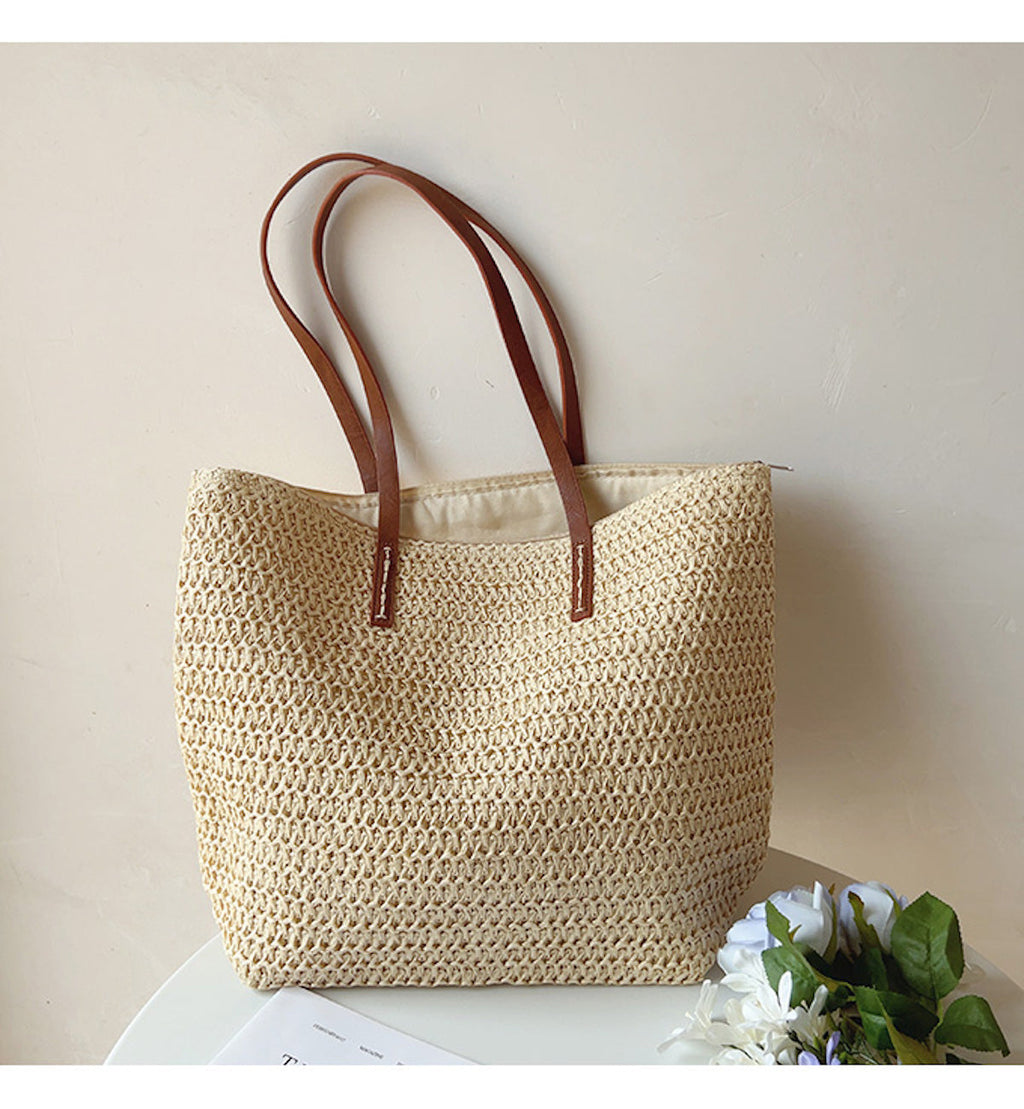Rattan Woven Bag with Leather Straps - SummerBreeze Tote