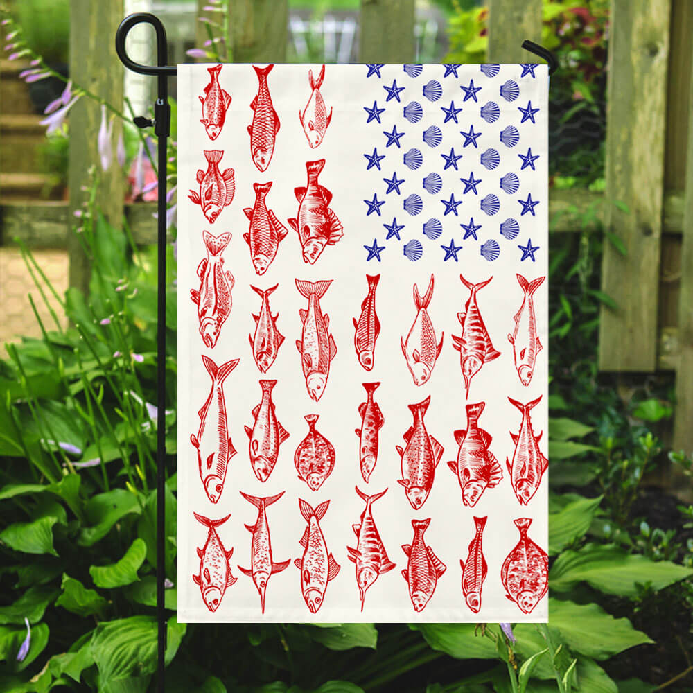 Fish & Sea Shells American Flag – Nautical Independence Day Decor, summer flag 3-Day Shipping