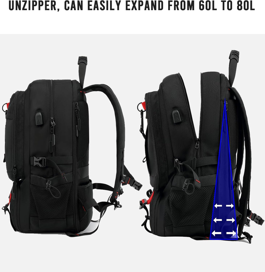 60L Waterproof Travel Laptop Backpack with USB Port & Shoe Compartment