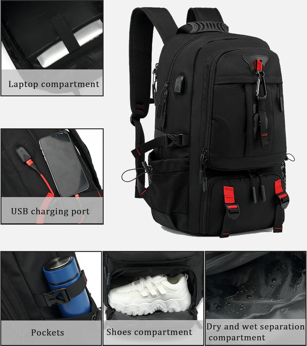 60L Waterproof Travel Laptop Backpack with USB Port & Shoe Compartment
