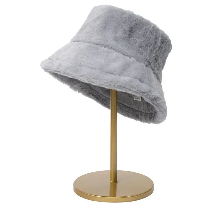 Warm Autumn Bucket Hat made of Rabbit Fur for Ladies - Lorna