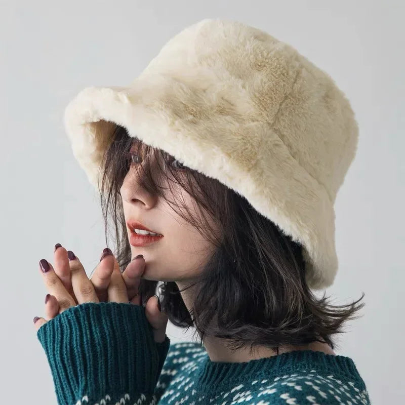 Warm Autumn Bucket Hat made of Rabbit Fur for Ladies - Lorna