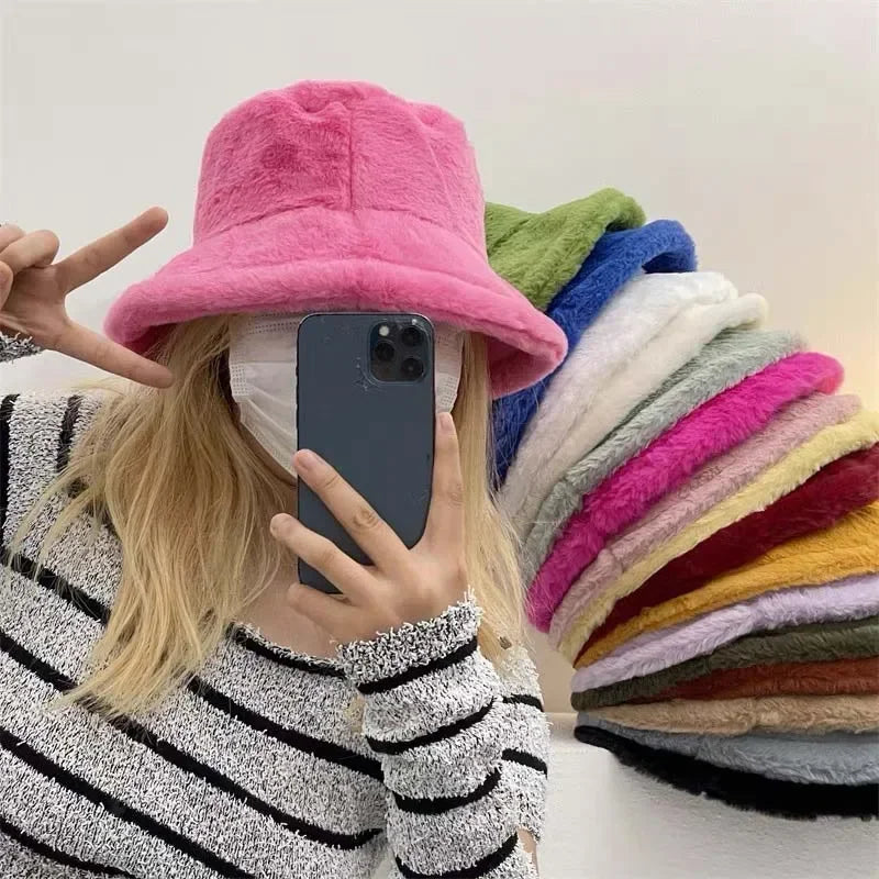 Warm Autumn Bucket Hat made of Rabbit Fur for Ladies - Lorna