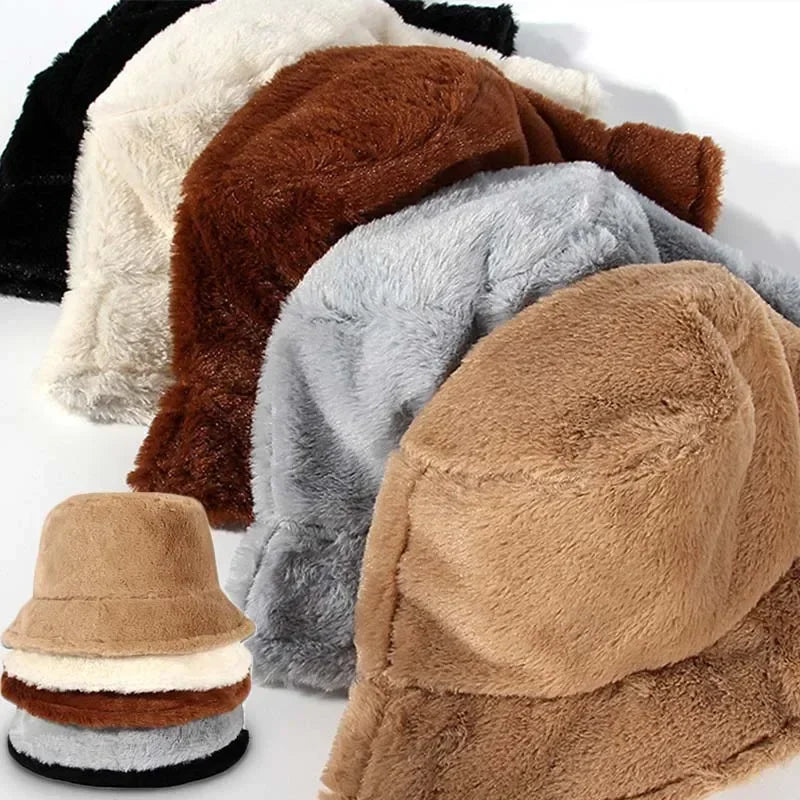 Warm Autumn Bucket Hat made of Rabbit Fur for Ladies - Lorna