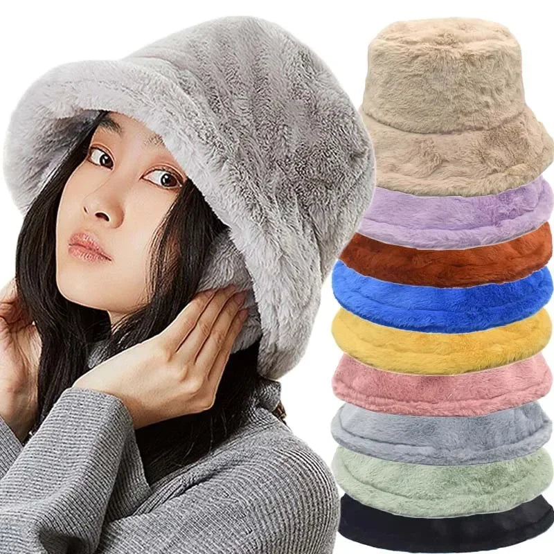 Warm Autumn Bucket Hat made of Rabbit Fur for Ladies - Lorna